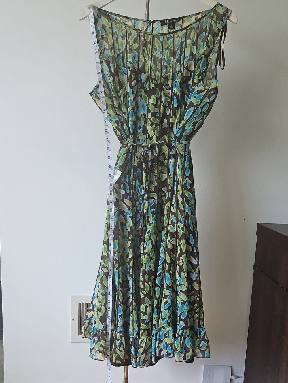 SL Fashions Brown Midi Dress with Green & Blue Leaf Print